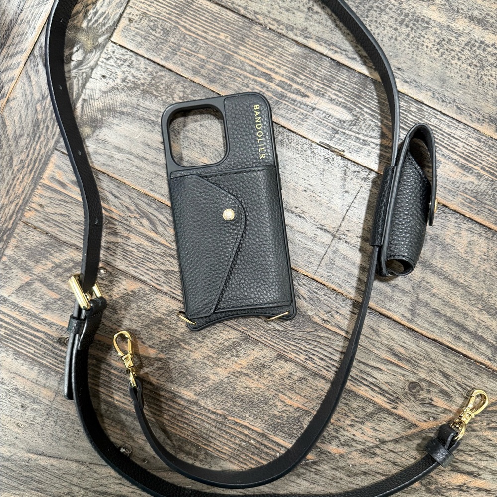 Bandolier IPhone 13 Pro Hailey Black/Gold Phone Case with Strap & Lipstick Pouch